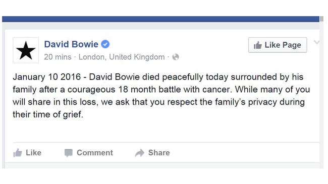 David Bowie death announcement via Facebook. Picture: Facebook