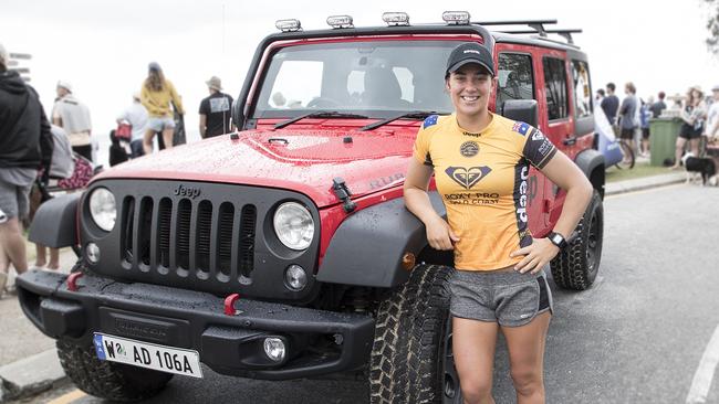 Pro surfer Tyler Wright with her Jeep Compass. Picture: Supplied.