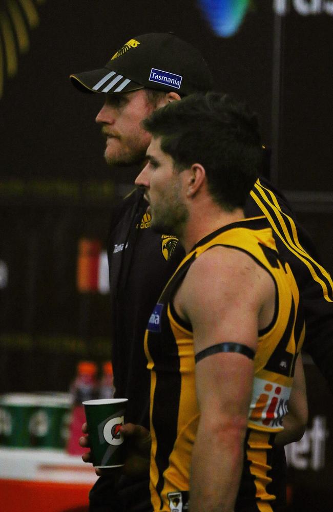 Roughead with Luke Breust after the match. Picture: Wayne Ludbey