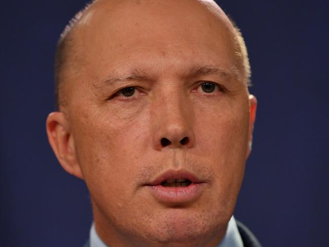 Minister for Home Affairs Peter Dutton speaks to the media during a press conference in Sydney, Thursday, June, 20, 2019. (AAP Image/Dean Lewins) NO ARCHIVING