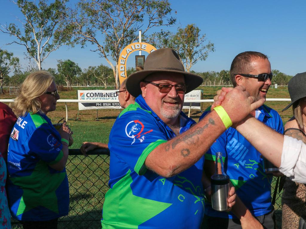 Warren Pedderson celebrates a win in Race 5 at the 2021 Adelaide River Races. Picture: Glenn Campbell.