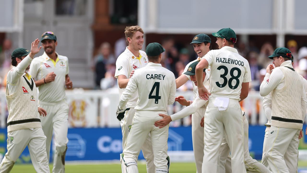 Pat Cummins of Australia celebrates after Alex Carey of Australia stumped Jonny Bairstow of England off the bowling of Cameron Green