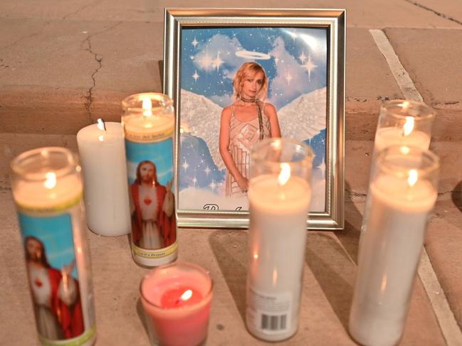 Candles are placed around a photo of cinematographer Halyna Hutchins during a vigil held in her honor at Albuquerque Civic Plaza. Picture: Getty Images