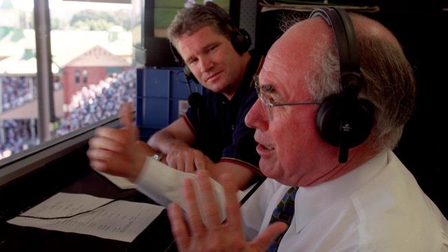 Dean Jones in the commentary box with then-Prime Minister John Howard.