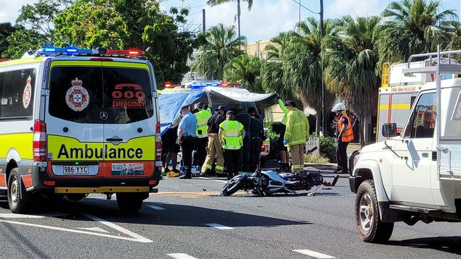 Cairns police and paramedics attend the scene of a non-fatal traffic crash between a motorcycle and small hatchback at the intersection of Scott and Bunda Streets, Cairns. File picture: Brendan Radke