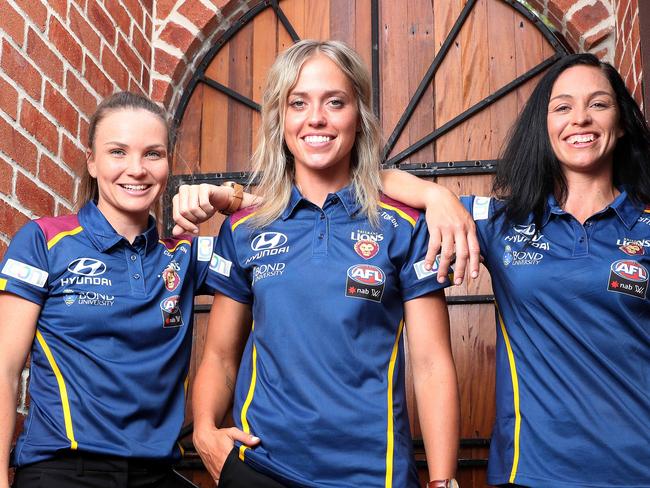 Emily Bates, Kaitlyn Ashmore, and Leah Kaslar, Brisbane Lions AFLW launch, Coorparoo. Photographer: Liam Kidston.