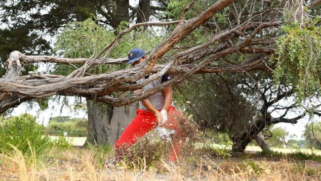 American Rickie Fowler plays from under a tree in the rough on the 18th hole. Picture: Getty Images