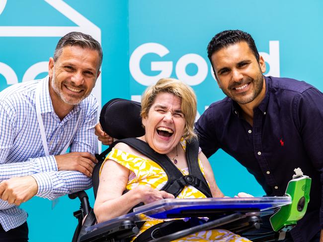 CAMPBELLTOWN, NSW - Uncle and nephew founders of Good Housing Sam Graiche and Antony Anisse with a client Tracey from their Hornsby specialist disability accommodation.