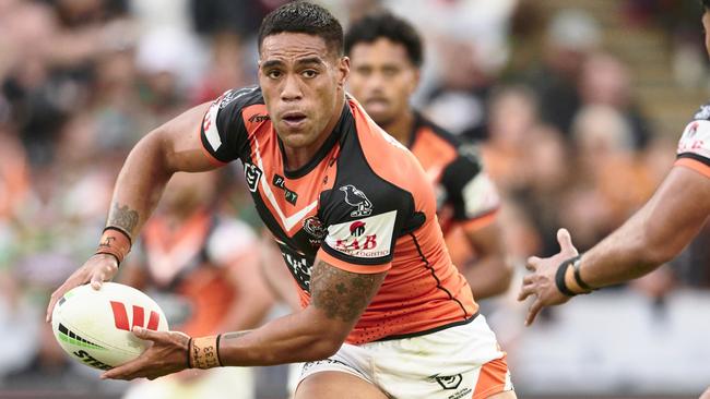 Tigers forward Joe Ofahengaue is on the move. Picture: Brett Hemmings/Getty Images