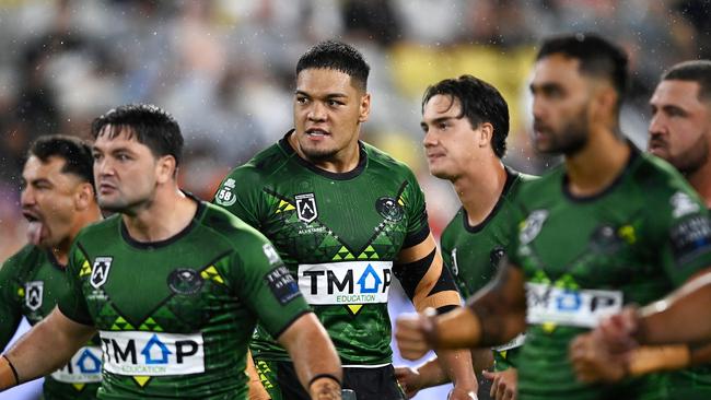 Leo Thompson leads the Maori All Stars Haka ahead of the 2024 NRL All Stars match. (Photo by Ian Hitchcock/Getty Images)