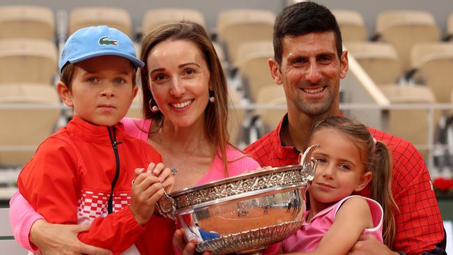 Jelena Djokovic (centre left) says Novak Djokovic almost walked away from tennis at the start of 2018, but was convinced to return after a casual game with his family. Picture: Clive Brunskill / Getty Images