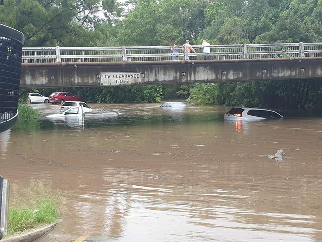 Cars underwater at Nambour Plaza this afternoon. Picture: Jonny Duncan