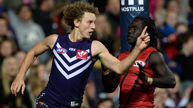 Chris Mayne celebrates a goal against Essendon. Picture: Daniel Wilkins