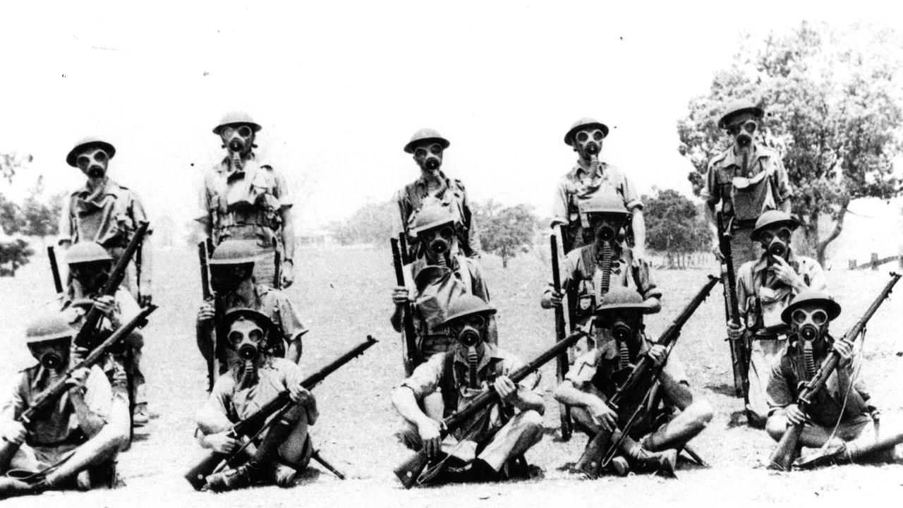 47th Battalion Gas Training, Anzac Park, Maryborough, 1940. Troops undergoing gas training during World War II. Source: Unknown