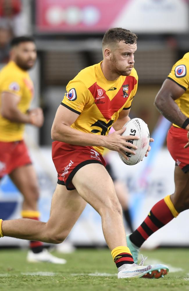 North Queensland Cowboys player Zac Laybutt runs the ball for Papua New Guinea during the 2023 Pacific Championship. Picture: NRL Imagery