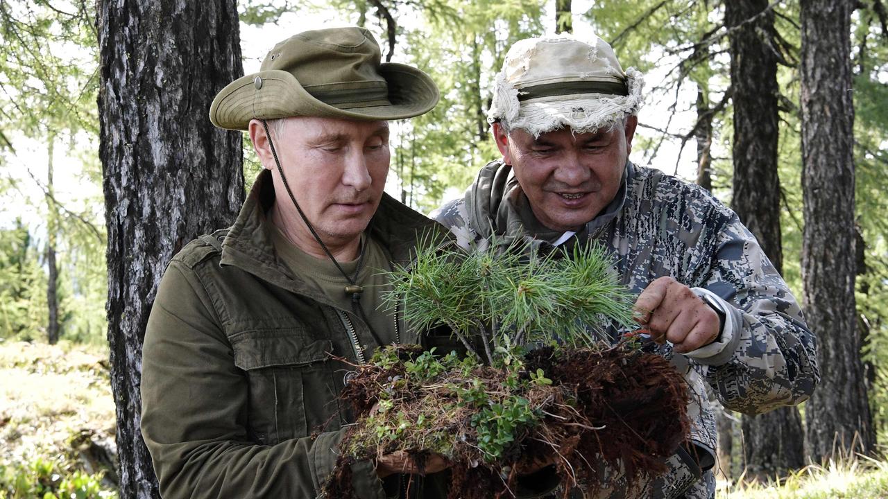 Russian President Vladimir Putin and Russian Defence Minister Sergei Shoigu during a short vacation in the remote Tuva region in southern Siberia. Picture: Alexey Nikolsky/Sputnik/AFP