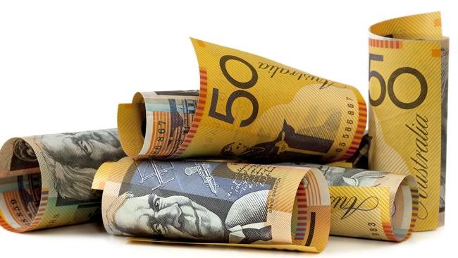 Australian fifty dollar notes, isolated on white. Money. Currency. Rolled. $50.