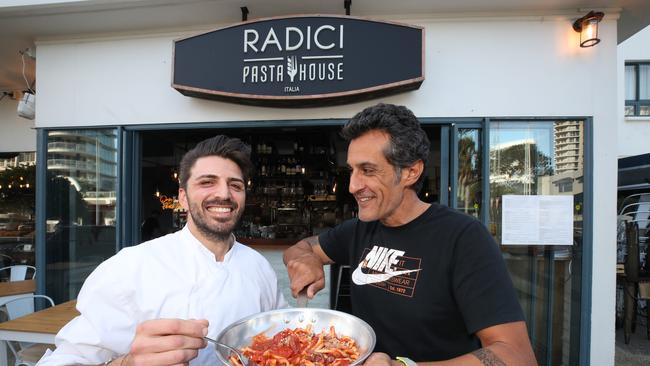 Care for Cooly campaign: Radici Pasta House head Chef Marco Minore and owner Otello Mancini make beautiful dishes together. Picture: Glenn Hampson.