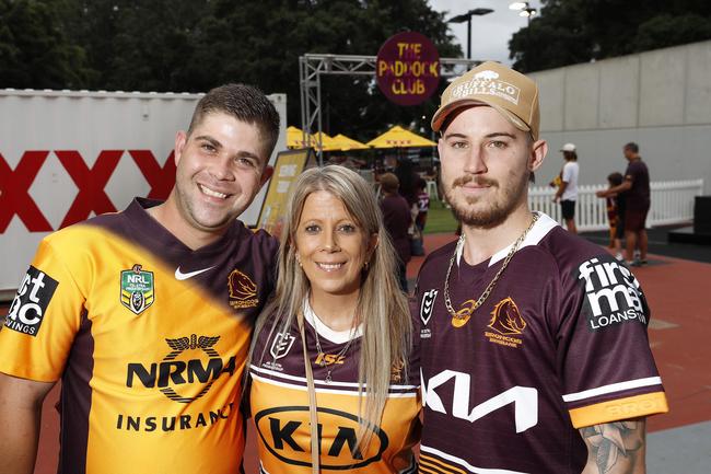 Devin Beukes, Michelle Cecil, and Mitchell Bowtell pictured at the Broncos v Rabbitohs, round 1, on Caxton Street, Brisbane 11th of March 2022. This is the first game for the BroncosÃ• season.