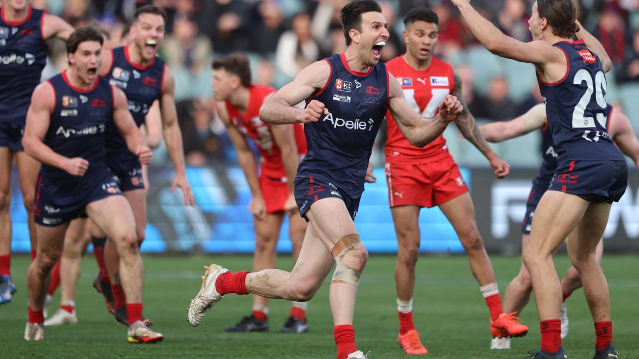 Matt Panos celebrates his match-winning goal for Norwood in the 2022 SANFL grand final against North Adelaide. Picture: Cory Sutton/SANFL