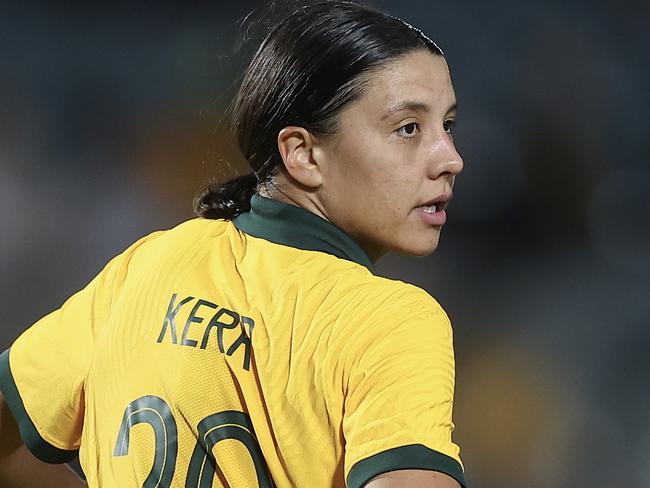 GOSFORD, AUSTRALIA - FEBRUARY 16: Sam Kerr of Matildas looks on during the Cup of Nations match between the Australia Matildas and Czechia at Industree Group Stadium on February 16, 2023 in Gosford, Australia. (Photo by Cameron Spencer/Getty Images)