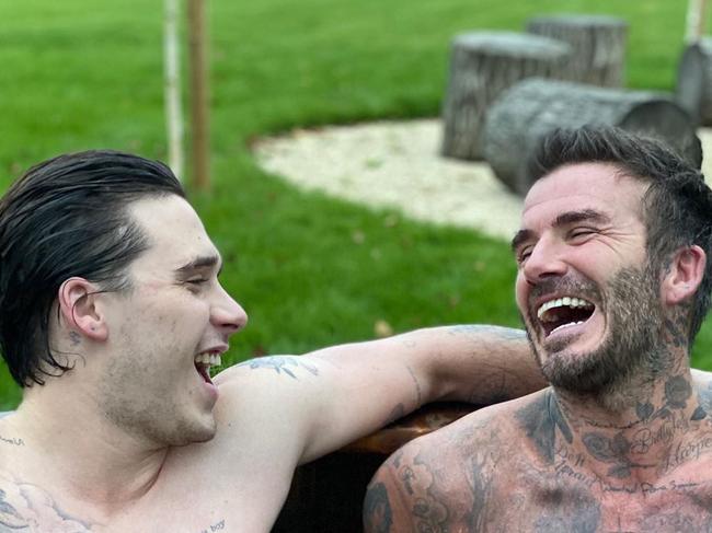 Brooklyn Beckham with dad David Beckham. The 26-year-old is said to be feuding with his famous family. Picture: Supplied