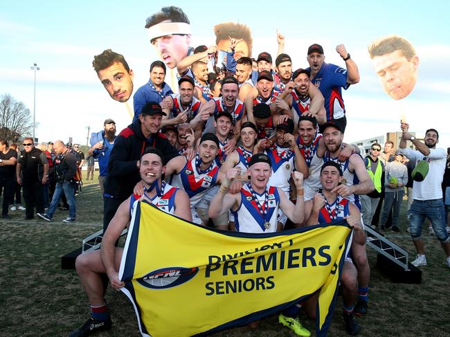 West Preston-Lakeside celebrates its Northern Football League grand final win.