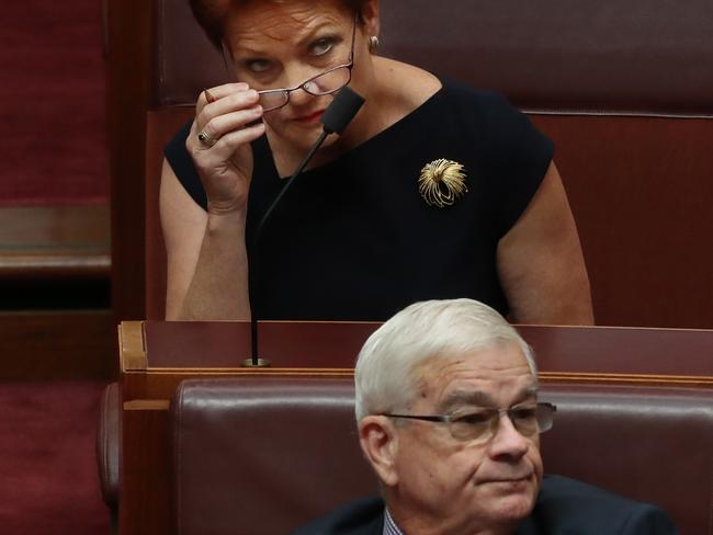 Pauline Hanson and Brian Burston in the Senate chamber today. Picture: Gary Ramage