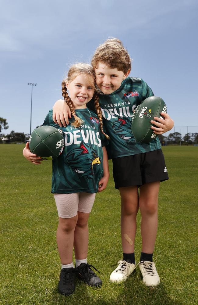 Siblings Florence Howard 4 and George Howard 5 who Auskickers at Lauderdale Football Club. The growth of Auskick participation in Tasmania has increased dramatically in the past year. Picture: Nikki Davis-Jones