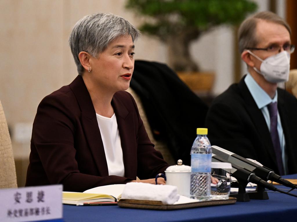 Australian Foreign Minister Penny Wong during a meeting with Chinese Foreign Minister Wang Yi at Diaoyutai State Guesthouse in Beijing. Picture: AAP