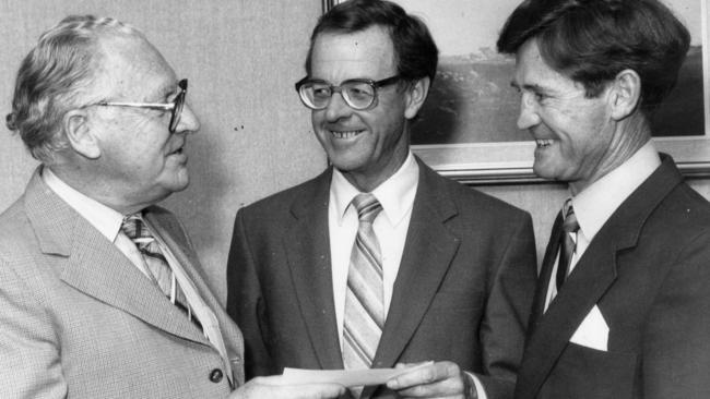 John Fisher presenting the 1982 City-Bay Fun Run cheque to SA Athletics Association president, Lloyd Snelling (c) Bob Clarke.