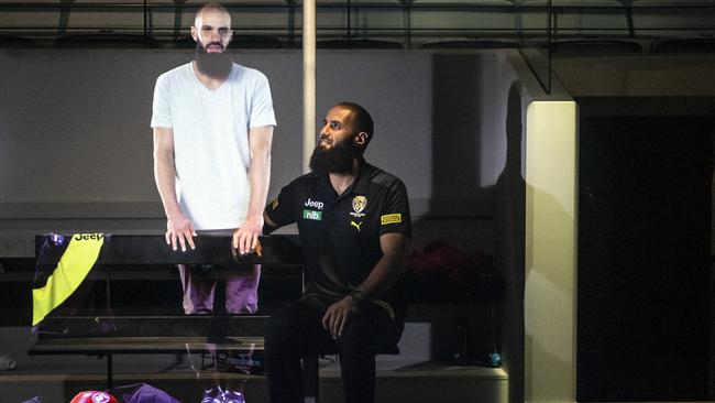 Bachar Houli unveils his life-size 3D hologram that will be part of a display at the Australian Sports Museum. Picture: Sarah Matray