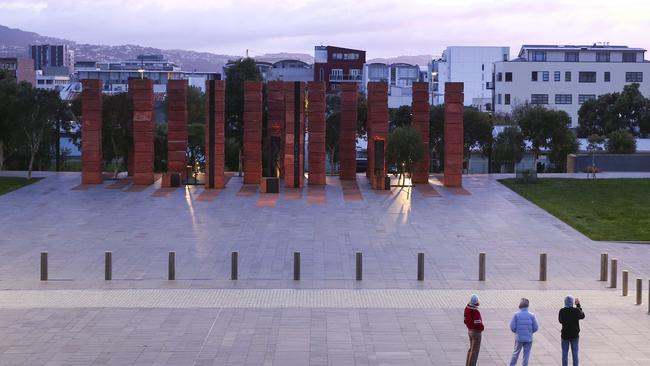 The sun rises over Pukeahu National War Memorial Park in Wellington, New Zealand, this morning. Picture: Getty