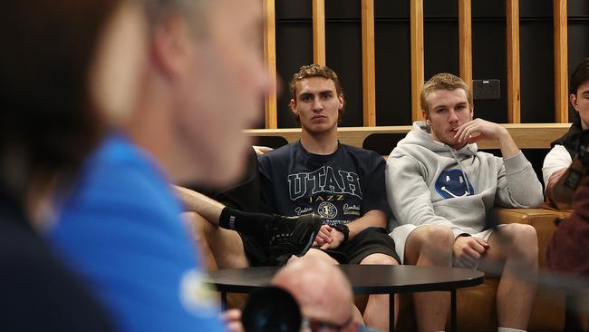 No. 1 draft pick Jason Horne-Francis listens to new North Melbourne coach Alistair Clarkson and president Sonja Hood as they faced the media in August. Picture: Michael Klein