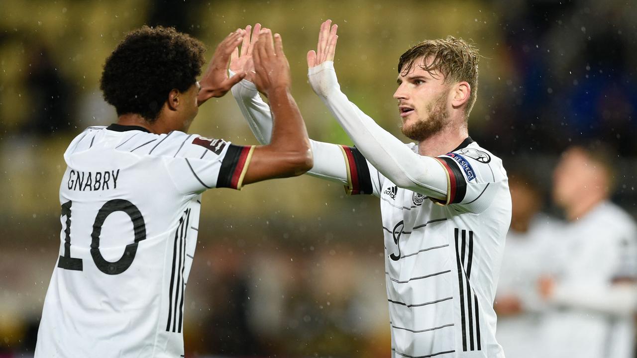 Germany's forward Timo Werner celebrates after scoring his team's second goal with midfielder Serge Gnabry.