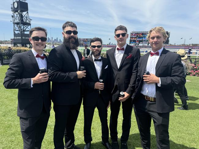 Cooper Johnson, Jayden Gash, Sam Hicks, Sam Rae and Sam McGuire at Flemington for Derby Day on November 2, 2024. Picture: Phillippa Butt