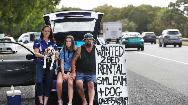 Lee Maynard, her partner Tommy Vucetit and their daughter Claudia Vucetic, 13, found themselves homeless with their dog Sparticus after they moved out from their rental of seven years. Picture: Brendan Radke