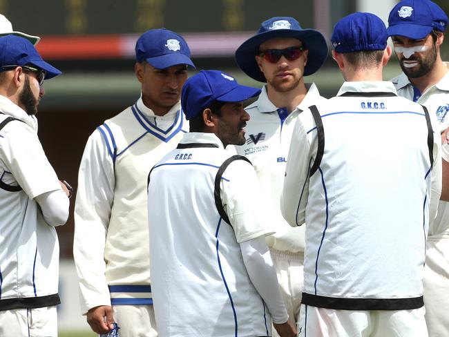 Greenvale Kangaroos coach Kaushal Silva addresses his teammates during a Premier Cricket fixture. Picture: Hamish Blair