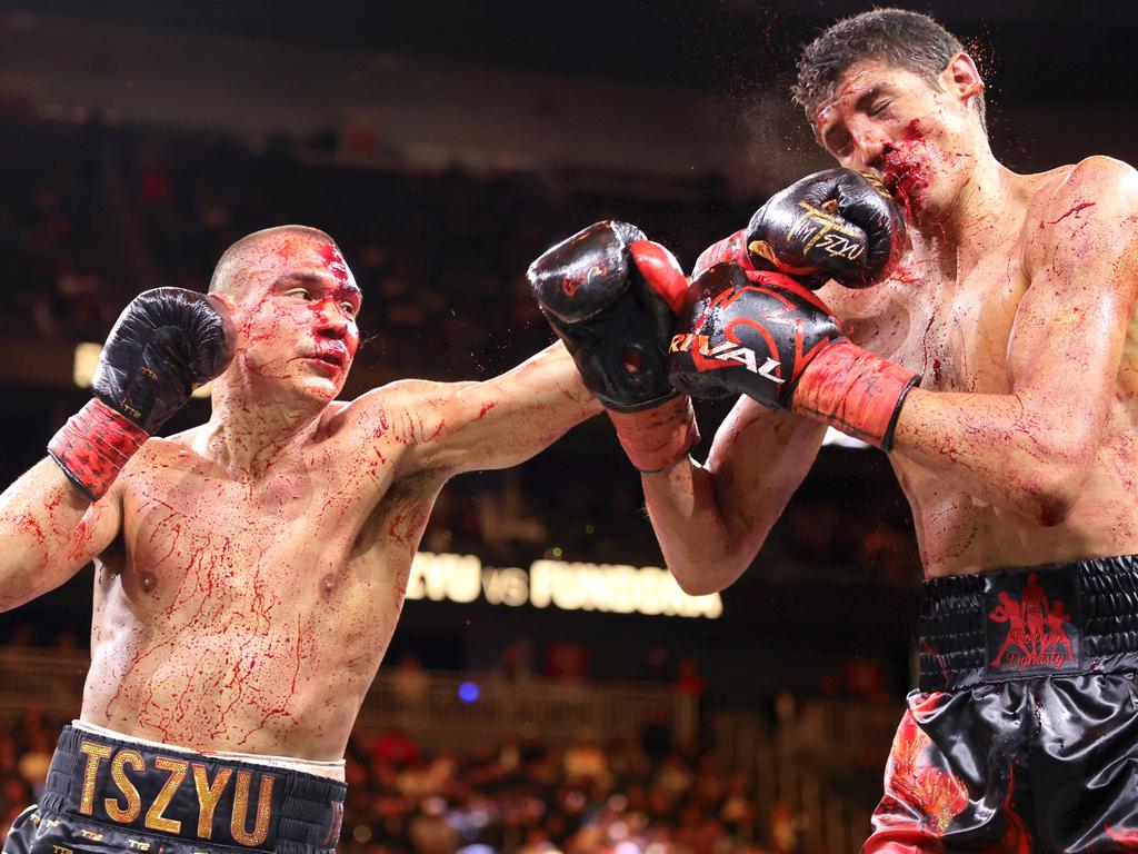 Tim Tszyu connects a punch on Sebastian Fundora during the ninth round. Picture: Steve Marcus/Getty Images