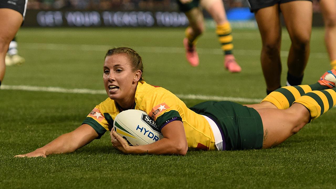 Samantha Bremner of the Jillaroos scores a try during the Trans-Tasman Test match between the Australian Jillaroos and the New Zealand Kiwi Ferns at Hunter Stadium in Newcastle, Friday, May 6, 2016. (AAP Image/Dan Himbrechts) NO ARCHIVING, EDITORIAL USE ONLY