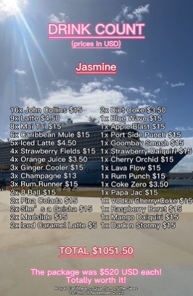 It showed she was able to get $US1151.50 (about $1760) worth of drinks for $US520 (about $795). Picture: TikTok/jasmintiexo