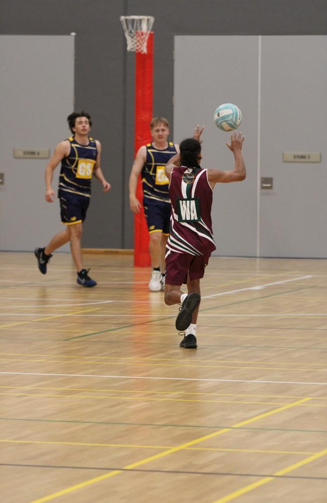 Netball action at QISSN 2024 held in Townsville. (Boys) Mt Maria College v St Catherine's Catholic College