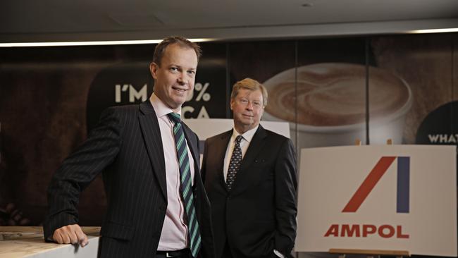 CEO of Ampol Matt Halliday and chairman Steven Gregg at their head office in Sydney. Picture: Adam Yip