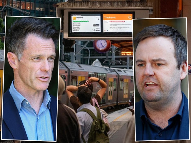 Premier Chris Minns, left, Rail union head Toby Warne, right, and the commuters stuck in the middle of the dispute, centre. Pictures: News Corp