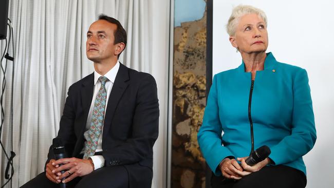 Liberal candidate Dave Sharma and independent Kerryn Phelps fail to see eye-to-eye during a debate in Sydney’s Bondi yesterday. Picture: Hollie Adams.