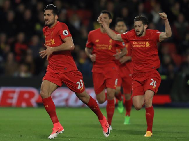 WATFORD, ENGLAND - MAY 01:  Emre Can of Liverpool celebrates after scoring the opening goal during the Premier League match between Watford and Liverpool at Vicarage Road on May 1, 2017 in Watford, England.  (Photo by Richard Heathcote/Getty Images)