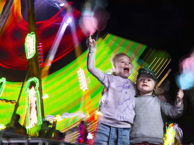 Lily, 5 and William, 3, have fun at the Royal Melbourne Show. Picture: Jason Edwards