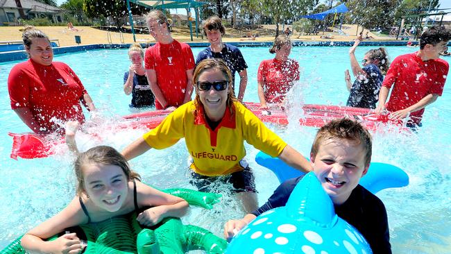 From front left Jacqui Gevaux, 11, mum and aquatics co-ordinator Katrina Gevaux and Nick Gevaux 10 with other swimmers at Northcote Aquatic and Recreation Centre.