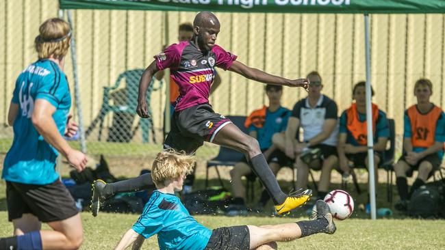 Paul Ralpael and Mason Barry in the Queensland Schools Premier League Football match between Marsden and Chancellor College at Darra, Thursday, July 30, 2020 - Picture: Richard Walker