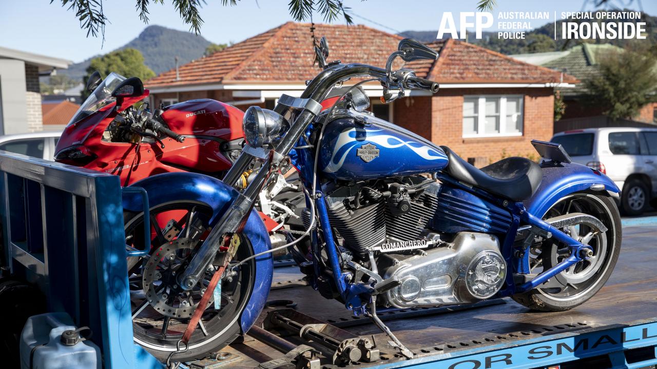 Pictured are Harley Davidson and Ducati morotcycles seized under AFP-led Operation Ironside. Picture: AFP